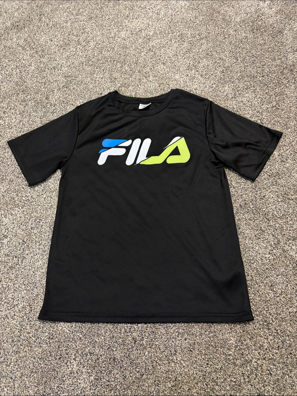 Boys Fila Black Short-Sleeve Tee with Blue, White & Lime Logo Size Large 12